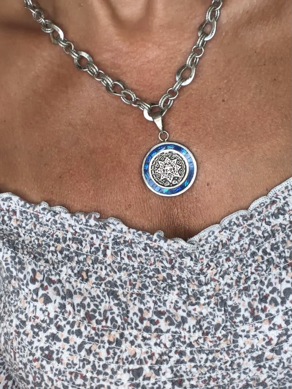 Blue Opal Ancient Writing Disc .925
Sterling Silver Charm